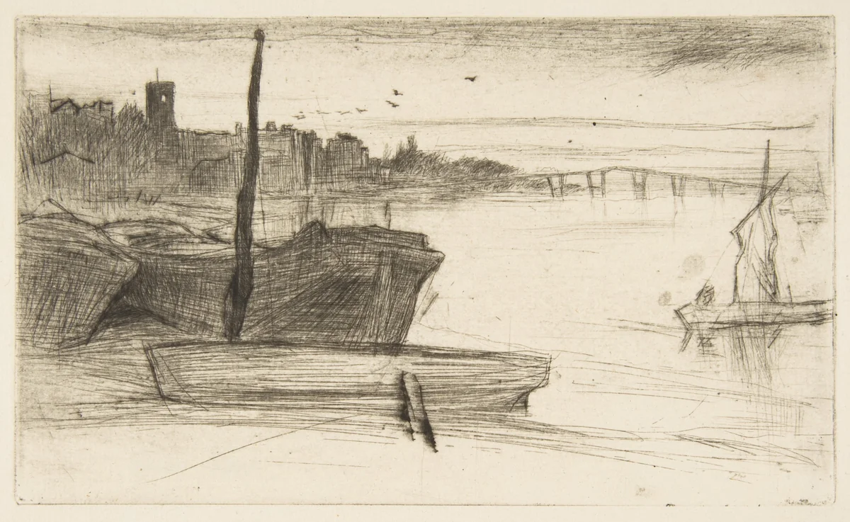 Chelsea Bridge and Church by James McNeill Whistler, print, 1871