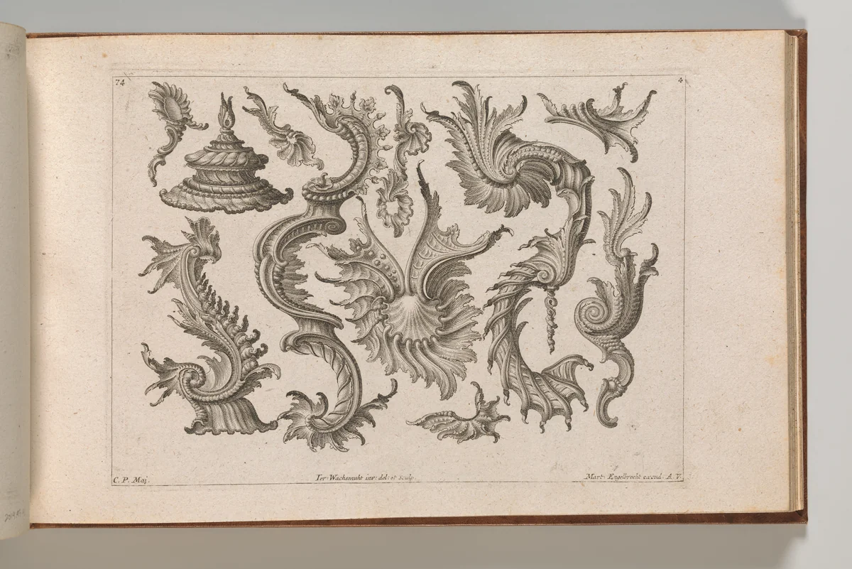 Various Designs for Rocaille Ornaments, Plate 4 from: 'Fortsezung von unterschielichen Auszierungen zu allerleij nüzlich anzuwenden' by Jeremias Wachsmuth, book, 1750-1756