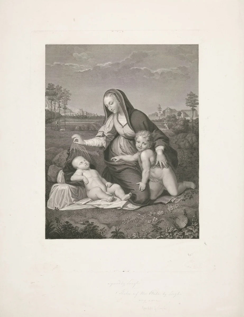 Maria met Kind en de jonge Johannes de Doper in een landschap by Giuseppe Longhi, print, 1776-1831