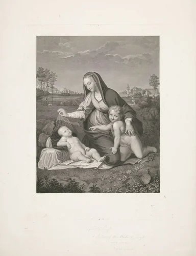 Maria met Kind en de jonge Johannes de Doper in een landschap by Giuseppe Longhi, print, 1776-1831