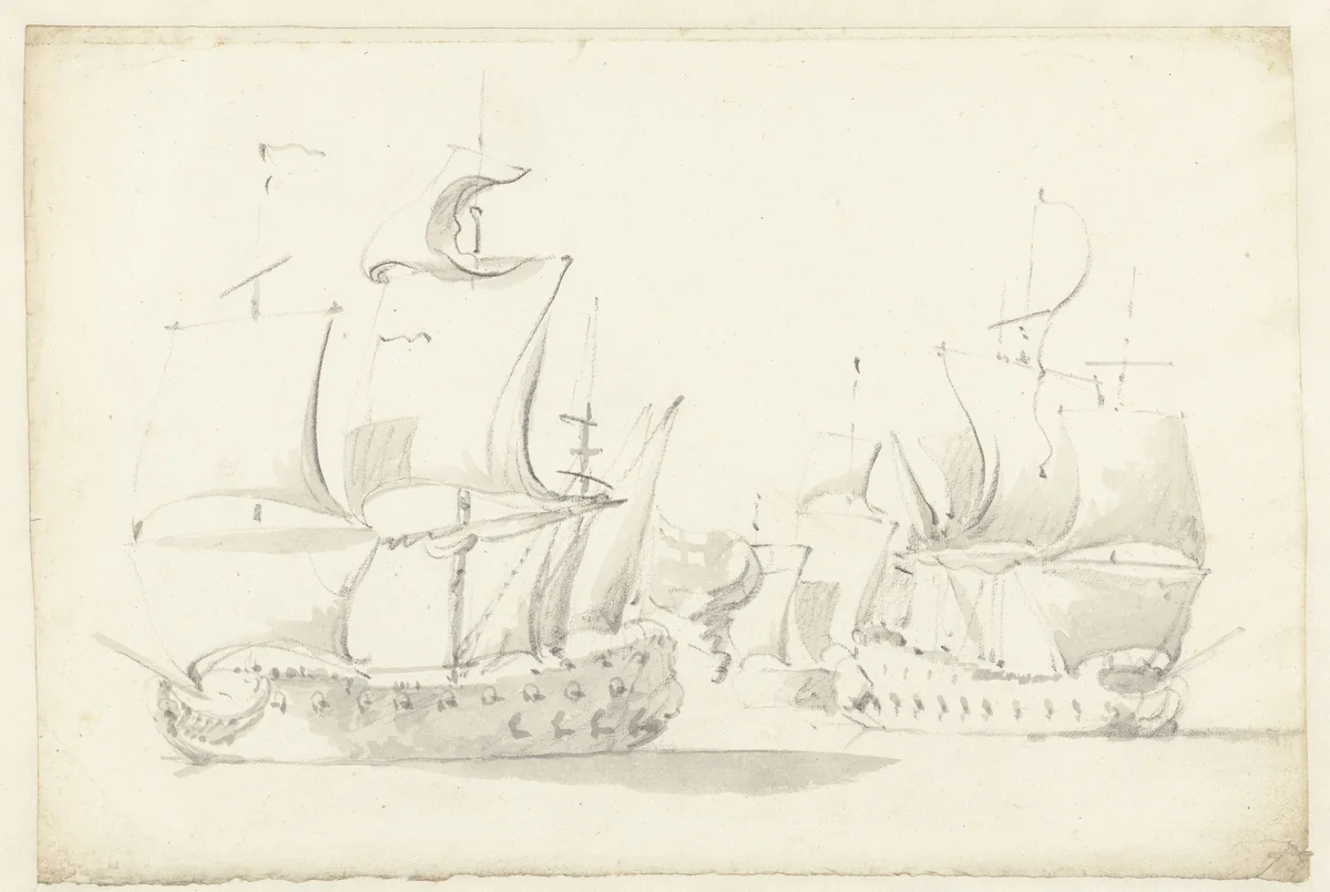 Drie in gevecht gewikkelde schepen by Willem van de Velde, drawing, 1643-1707