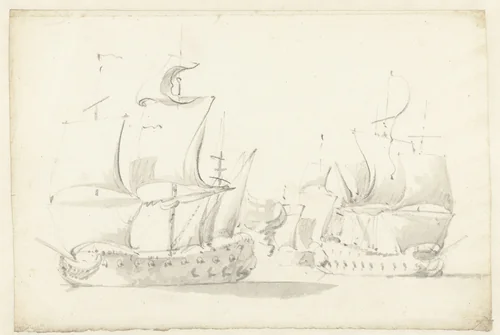 Drie in gevecht gewikkelde schepen by Willem van de Velde, drawing, 1643-1707