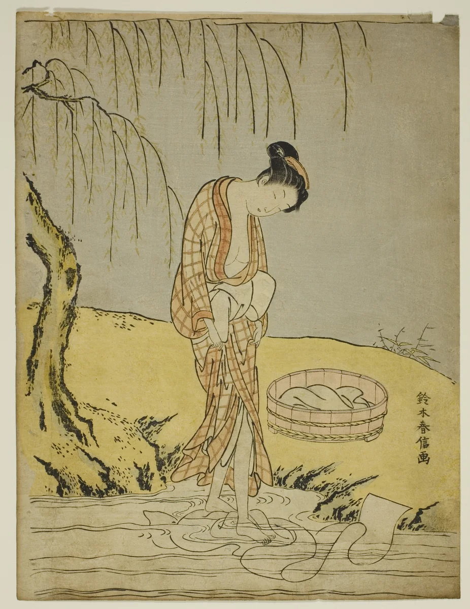 Washing Cloth in a Stream by Suzuki Harunobu (鈴木春信), print, 1763-1770