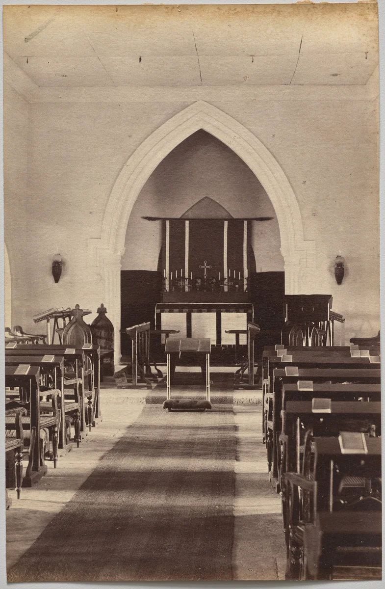 Interior of Church, Neemuch (recto, right) by Raja Deen Dayal, photograph, 1877-1892