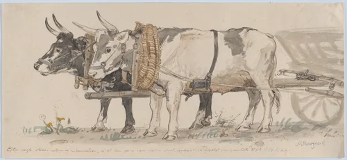 Two Oxen Pulling a Cart by Peter Christian Thamsen Skovgaard, drawing, 1874