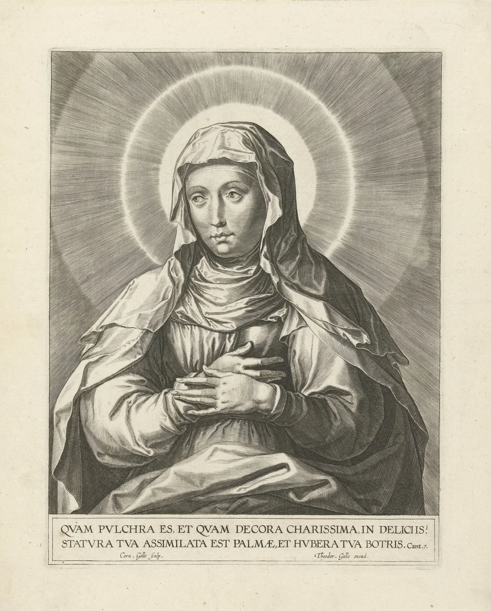 Zittende Maria met aureool by Unknown, print, 1586-1633