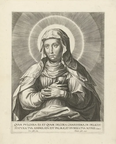 Zittende Maria met aureool by Unknown, print, 1586-1633
