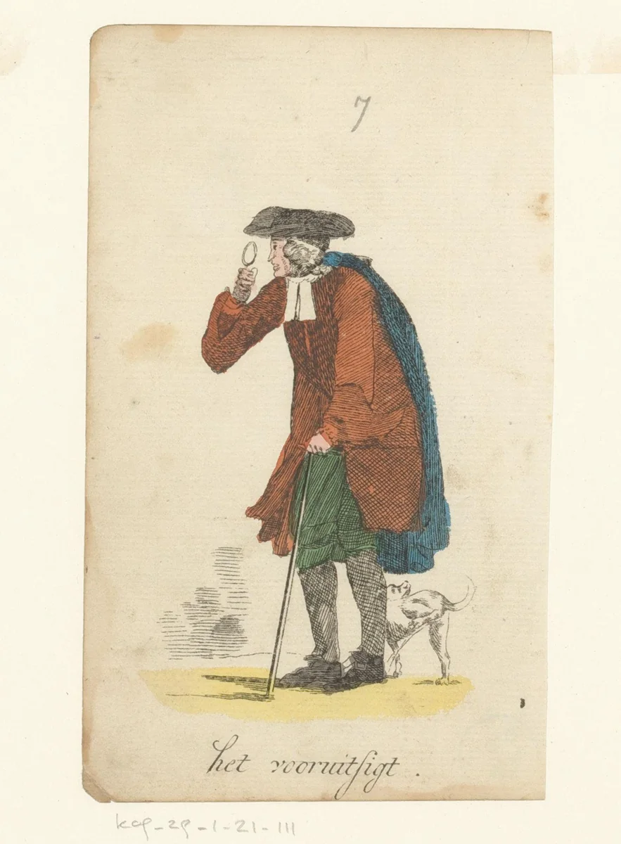 Man kijkt door een vergrootglas terwijl een hond tegen zijn been plast by anonymous, print, 1793-1800