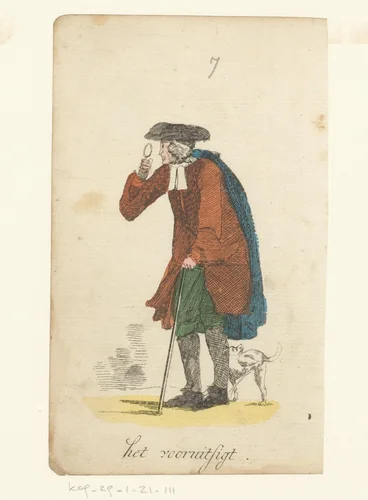 Man kijkt door een vergrootglas terwijl een hond tegen zijn been plast by anonymous, print, 1793-1800