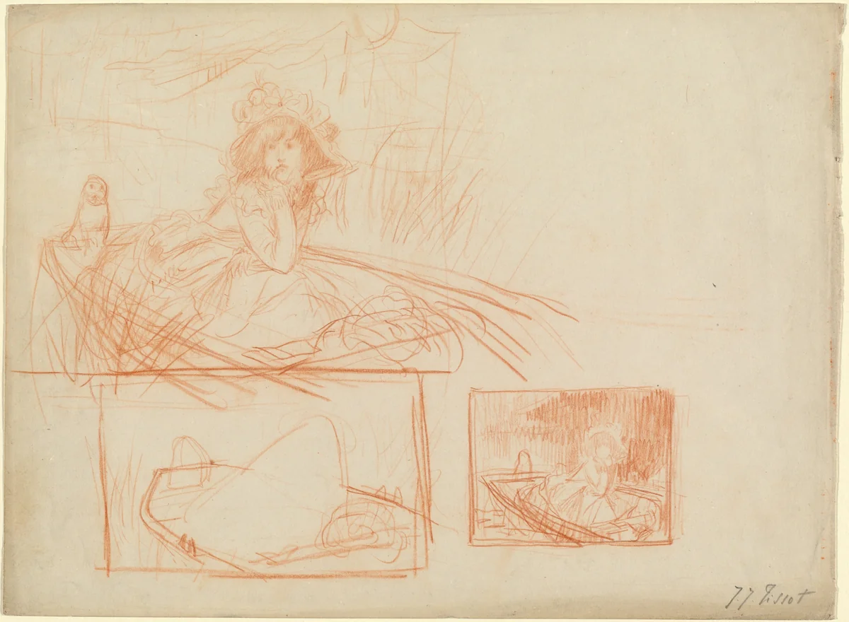 Pensive Girl Adrift in a Boat by James Jacques Joseph Tissot, drawing, 1836-1902