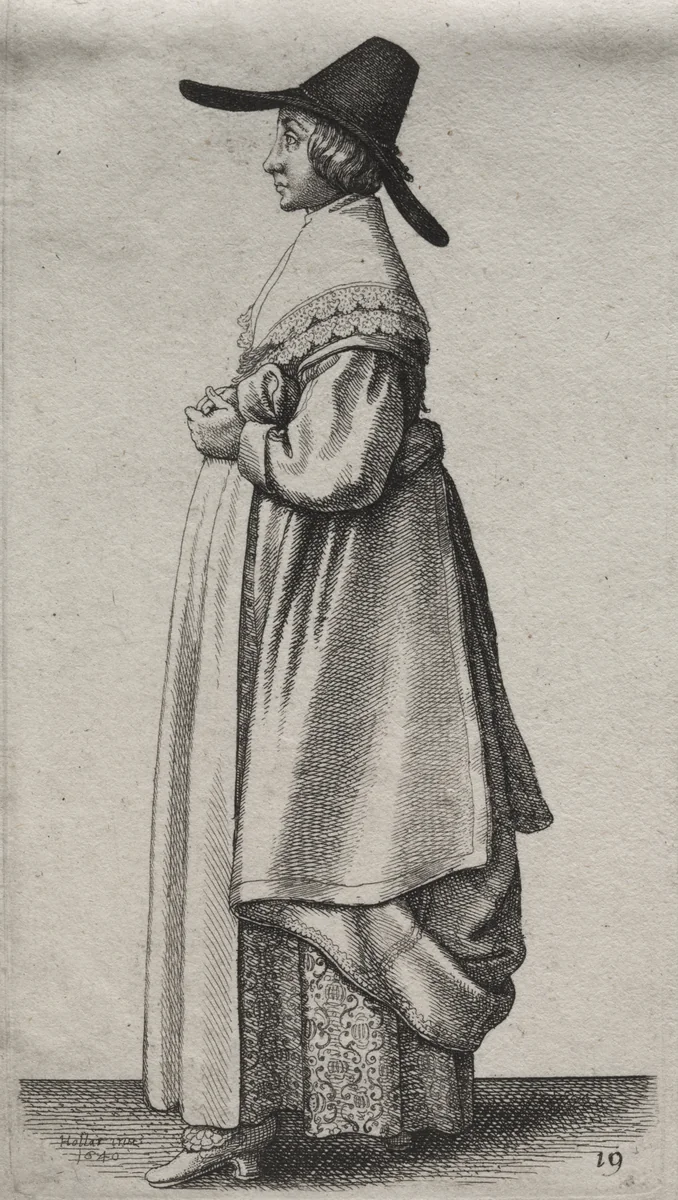 The Several Habits of English Women, from the Nobility to the Country Women as they are in these times: The Woman with a Mannish Hat and Flowered Petticoat by Wenceslaus Hollar, print, 1640