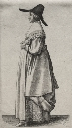 The Several Habits of English Women, from the Nobility to the Country Women as they are in these times: The Woman with a Mannish Hat and Flowered Petticoat by Wenceslaus Hollar, print, 1640