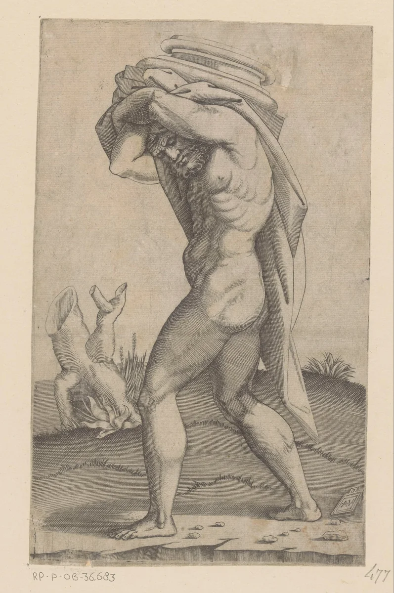 Man met het basement van een zuil op zijn rug by Unknown, print, 1500-1536