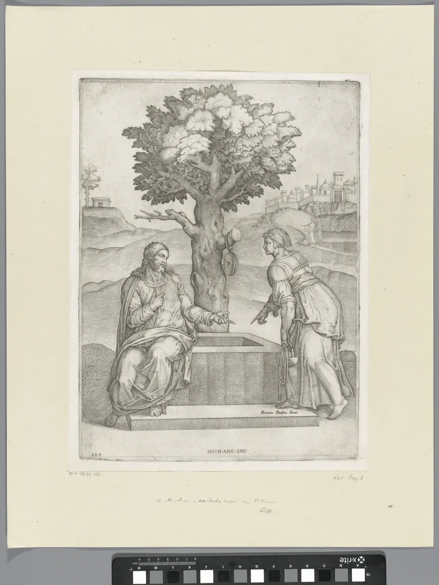 Christus en de Samaritaanse vrouw bij de put by anonymous, print, 1522-1577