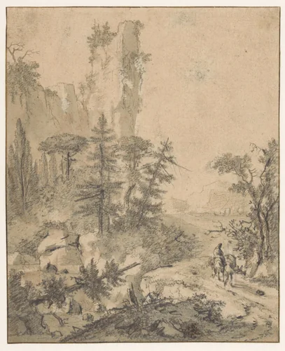 Bergweg met man met twee muilezels by Cornelis de Wael, drawing, 1602-1667