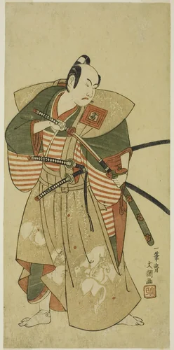 The Actor Ichikawa Komazo II as Kudo Saemon Suketsune (?) in the Play Haru wa Soga Akebono-zoshi (?), Performed at the Nakamura Theater (?) in the First Month, 1772 (?) by Ippitsusai Buncho, print, 1767-1777