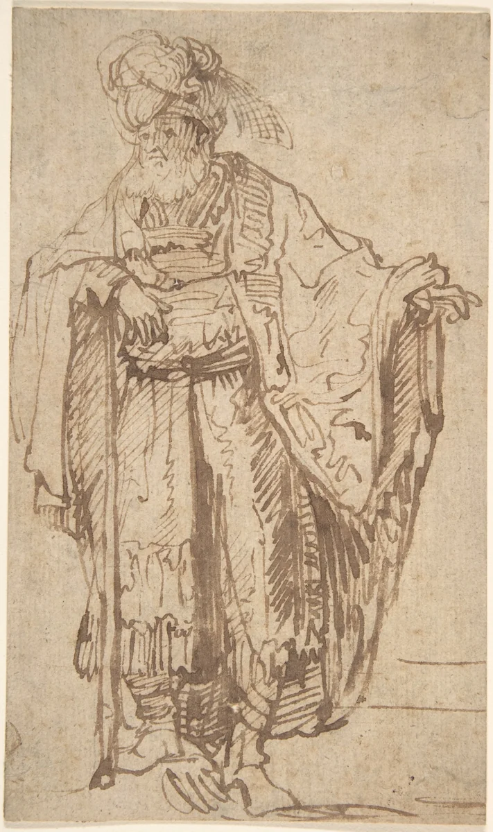 Standing Oriental Figure by Rembrandt van Rijn, drawing, 1615-1699
