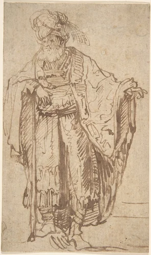 Standing Oriental Figure by Rembrandt van Rijn, drawing, 1615-1699