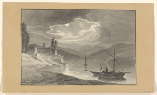 Berglandschap met meer bij nacht by Johannes van Reijn, drawing, 1800-1900