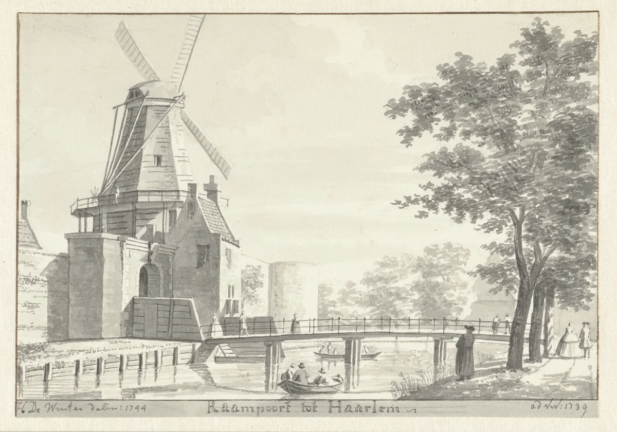 Raampoort te Haarlem, met molen by Hendrik de Winter, drawing, 1744