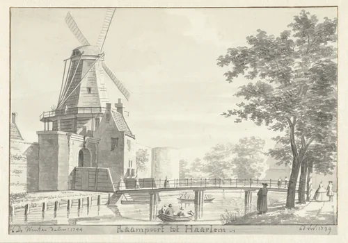 Raampoort te Haarlem, met molen by Hendrik de Winter, drawing, 1744