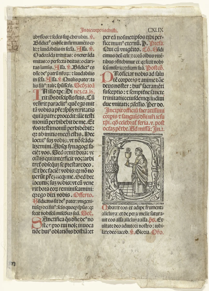 Blad uit een Italiaanse incunabel met liturgische verzen en illustratie van een priester met miskelk by anonymous, print, 1475-1499