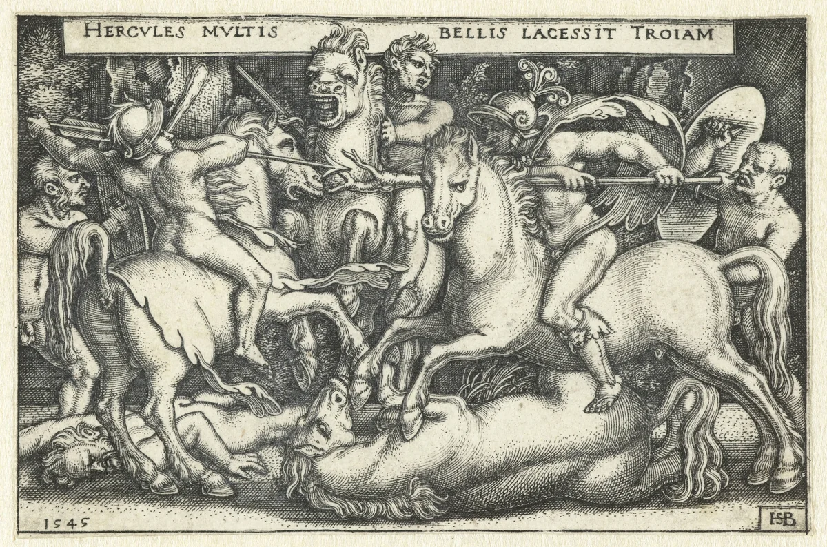 Hercules in gevecht met de Trojanen by Unknown, print, 1545