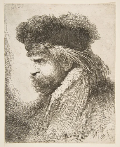 Head of an old man facing left, from "Large Oriental Heads" by Giovanni Benedetto Castiglione, print, 1640-1650