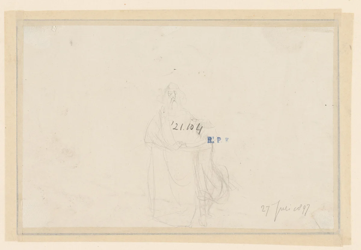 Schets van een oude blinde man, geleid door een jongen by C. Lapine, drawing, 1897