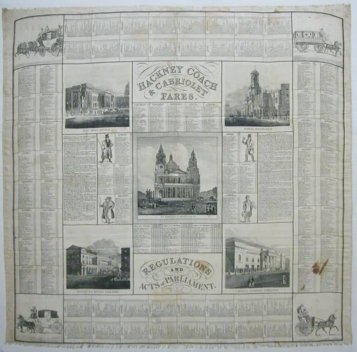 Hackney Coach and Cabriolet Fares/ Regulations and Acts of Parliament (Handkerchief) by John Leander Bishop, textile, 1832-1835
