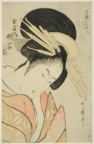 Akashi of the Tamaya, from the series Seven Komachis of Yoshiwara (Seiro nana Komachi) (Tamaya uchi Akashi, Uraji, Shimano) by Kitagawa Utamaro (喜多川歌麿), print, 1789-1800