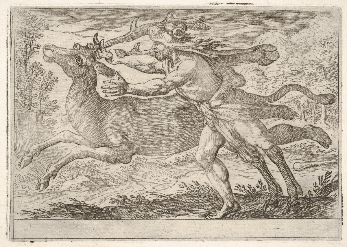 Hercules and the Hind of Mount Cerynea, from "The Labors of Hercules" by Antonio Tempesta, print, 1608