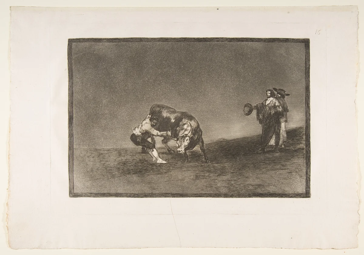 Plate 16 of "La Tauromaquia": The same man throws a bull in the ring at Madrid by Goya, print, 1816
