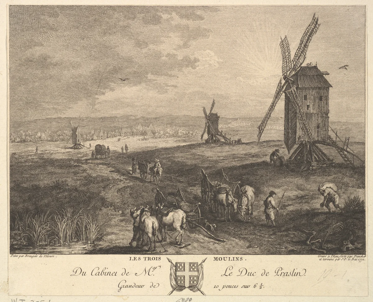 The Three Windmills (Les Trois Moulins) after a painting in the collection of the Duc de Praslin by Balthasar Anton Dunker, print, 1772