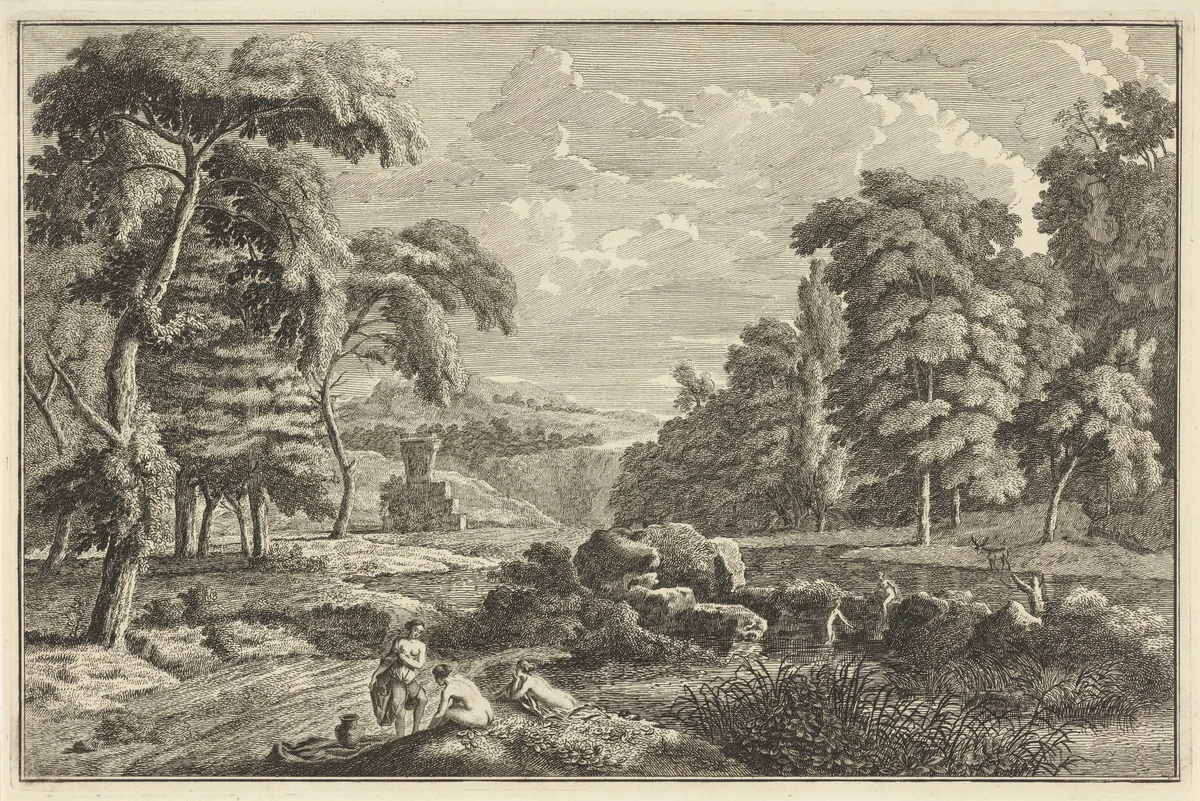 Arcadisch rivierlandschap met vijf badende vrouwen en een hert by Adolf van der Laan, print, 1710-1747