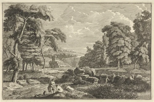 Arcadisch rivierlandschap met vijf badende vrouwen en een hert by Adolf van der Laan, print, 1710-1747