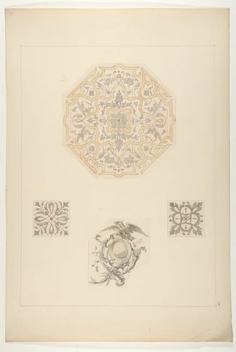 Four designs for decorative motifs by Jules-Edmond-Charles Lachaise, drawing, 1830-1897