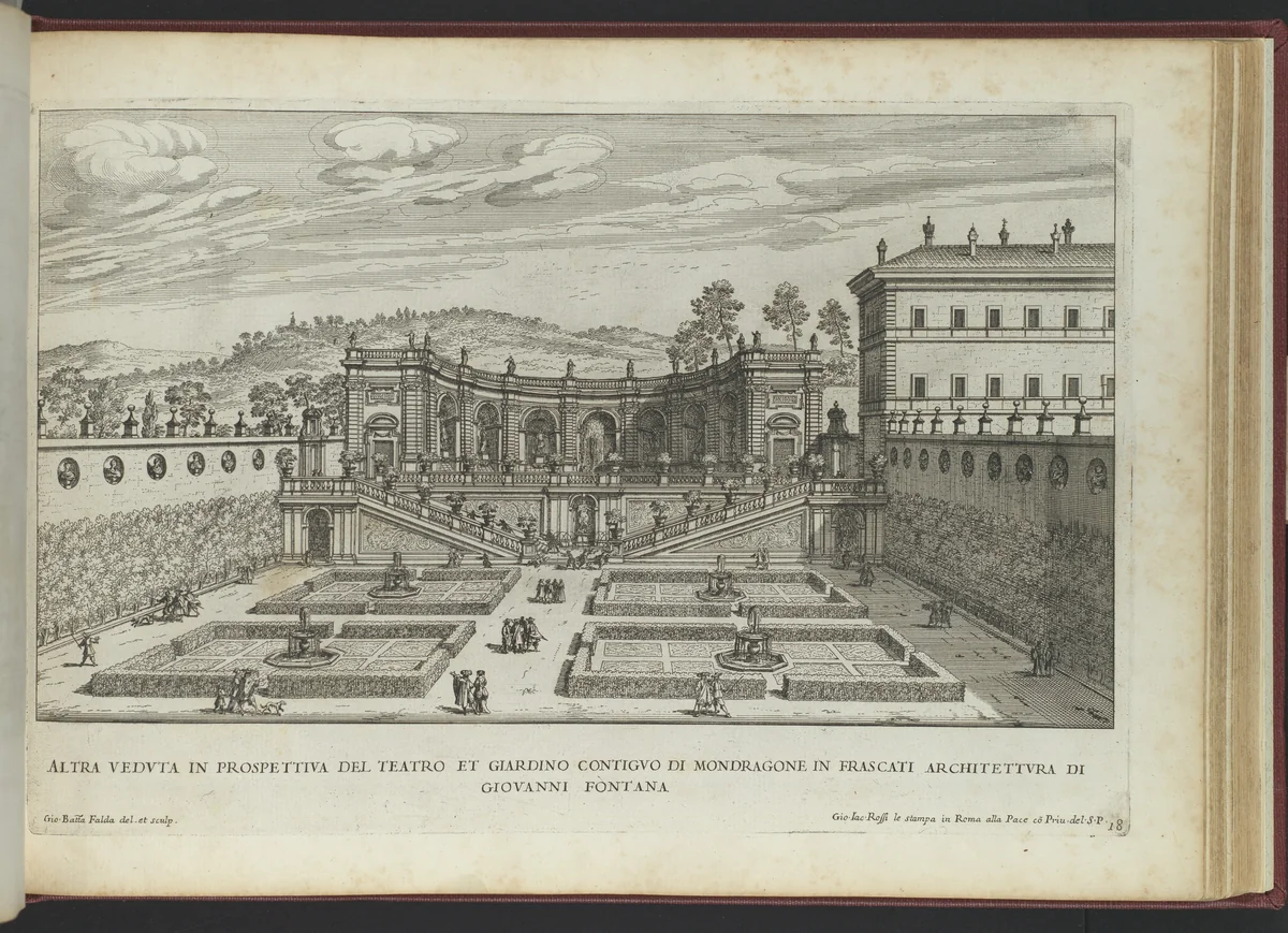Altra Vedvta in Prospettiva del Teatro et Giardino Contigvo di Mondragone in Frascati (...), from 'La Fontane di Roma nelle Piazze e Luoghi Publici (...)', part 2, 'Le fontane delle ville di Frascati' (plate 18) by Giovanni Battista Falda, print, 1691
