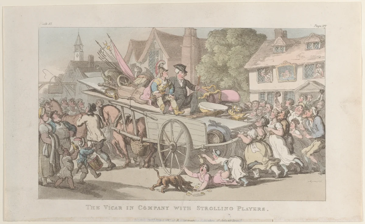 The Vicar in company with Strolling Players by Thomas Rowlandson, print, 1817