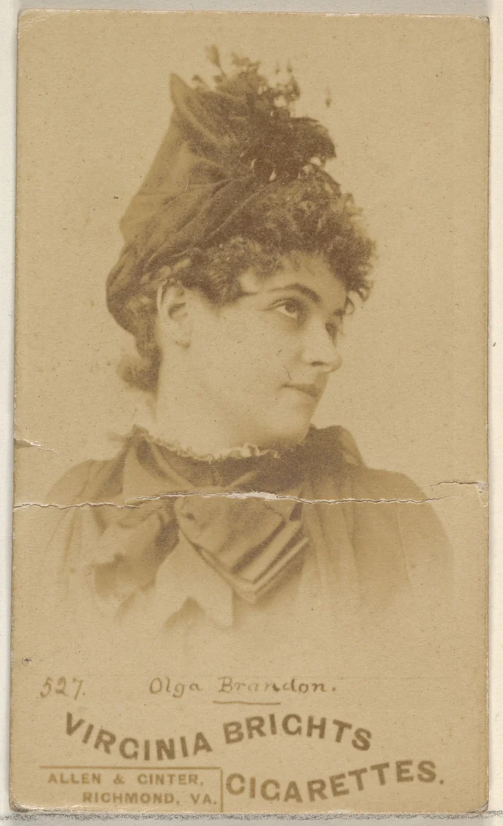 Card 527, Olga Brandon, from the Actors and Actresses series (N45, Type 6) for Virginia Brights Cigarettes by Allen & Ginter, photograph, 1885-1891