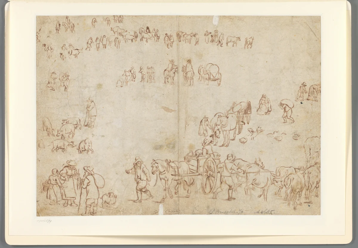 Studieblad met boerenwagens, vee, landlieden en ruiters by anonymous, drawing, 1600-1700