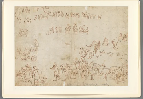 Studieblad met boerenwagens, vee, landlieden en ruiters by anonymous, drawing, 1600-1700