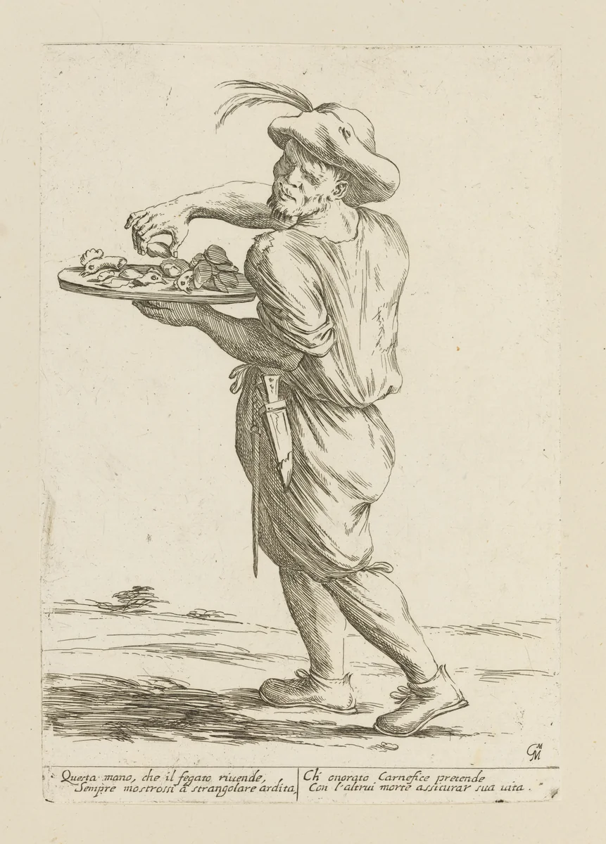 Vendor of Chicken Heads and Livers, from Di Bologna l'Arti per via D'An.ibal' Ca.rac, plate 5 by Giuseppe Maria Mitelli, print, 1660