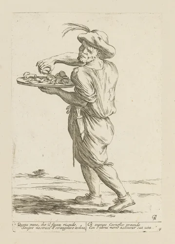 Vendor of Chicken Heads and Livers, from Di Bologna l'Arti per via D'An.ibal' Ca.rac, plate 5 by Giuseppe Maria Mitelli, print, 1660
