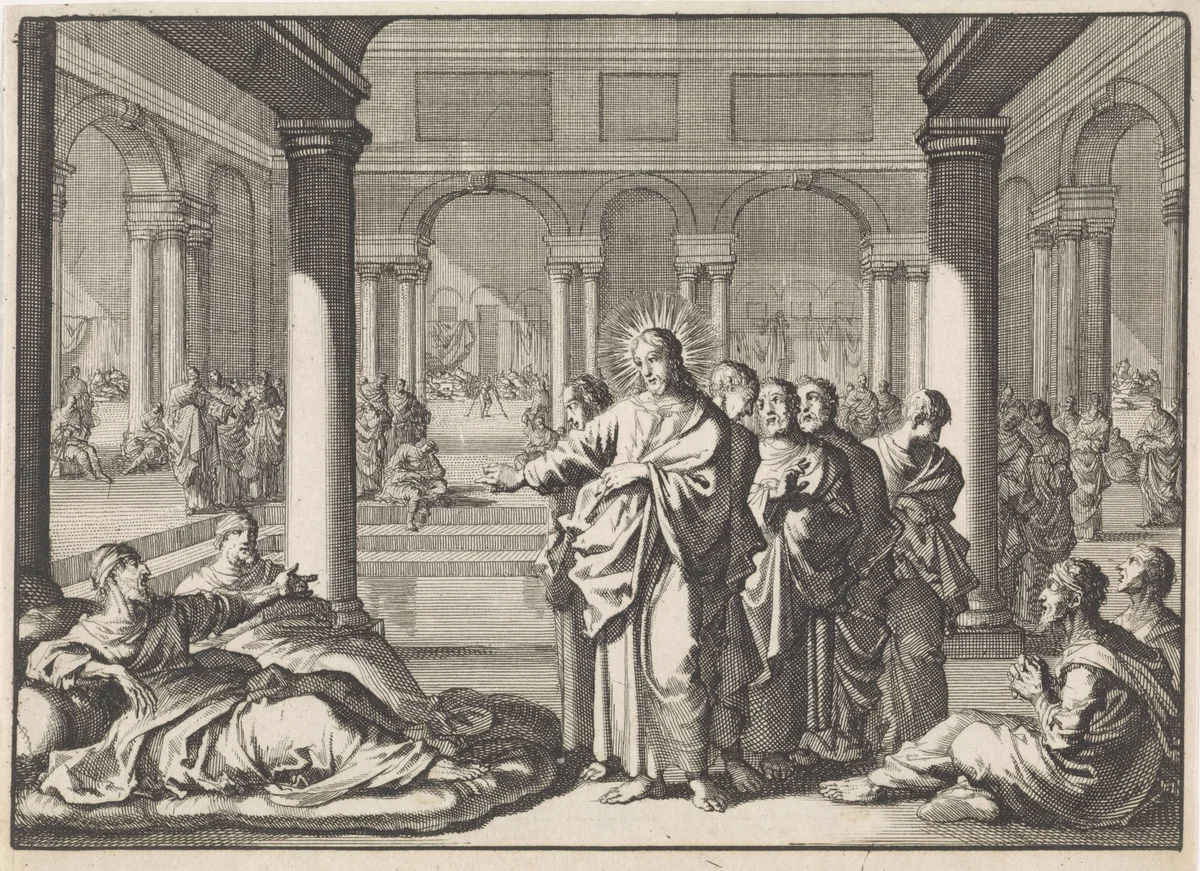 Christus en zijn leerlingen bij het badhuis van Siloam by Jan Luyken, print, 1700