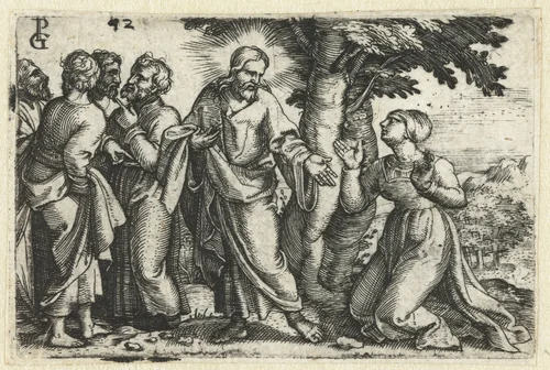 Christus geneest de bloedvloeiende vrouw by Unknown, print, 1534-1535