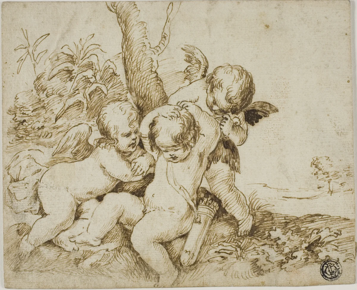 Two Putti Blindfolding a Third by Guido Reni, drawing, 1595-1642