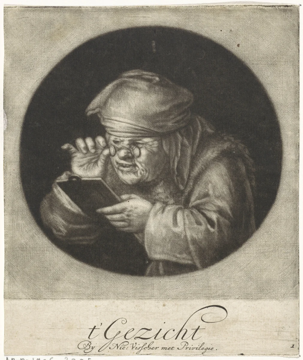 Het Gezicht: lezende oude vrouw by Jacob Gole, print, 1670-1709