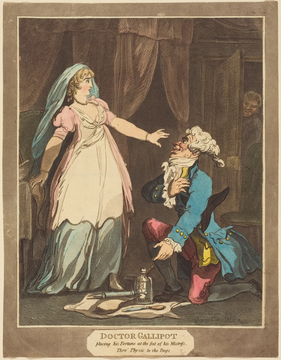 Doctor Gallipot placing his Fortune at the feet of his Mistress by Thomas Rowlandson, print, 1808