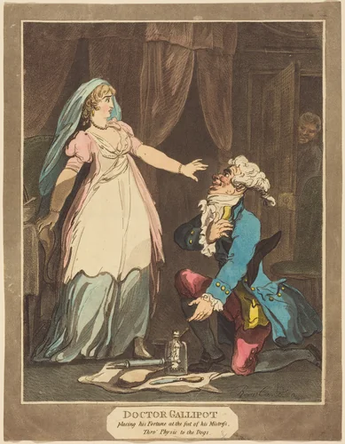 Doctor Gallipot placing his Fortune at the feet of his Mistress by Thomas Rowlandson, print, 1808